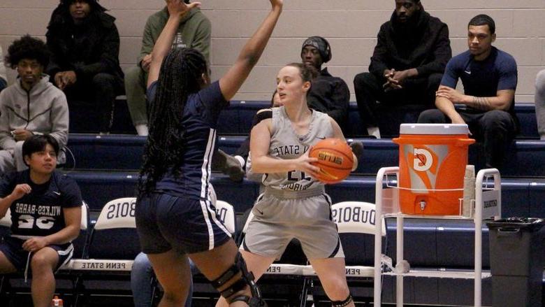 Penn State DuBois senior Tara Leamer looks to make a pass out to a teammate during a recent home game at the PAW Center.